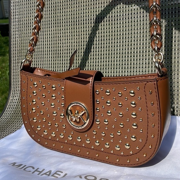 Michael Kors Carmen leather studded shoulder bag pouchette chain strap luggage - Picture 9 of 10